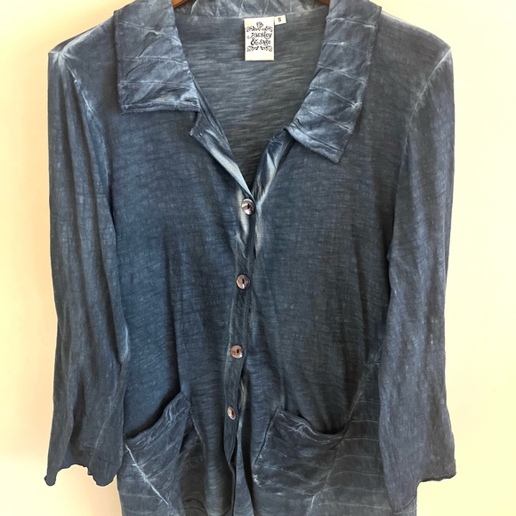 Parsley and Sage Button UpTunic Top Small Oversized 3/4 Sleeve Pocket Hi Low - Picture 1 of 8